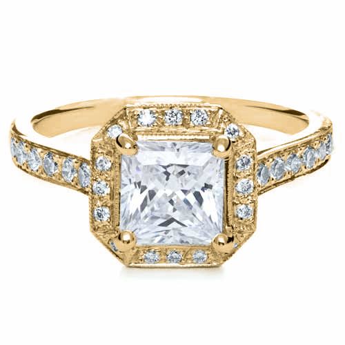 18k Yellow Gold 18k Yellow Gold Princess Cut With Diamond Halo Engagement Ring - Flat View -  169