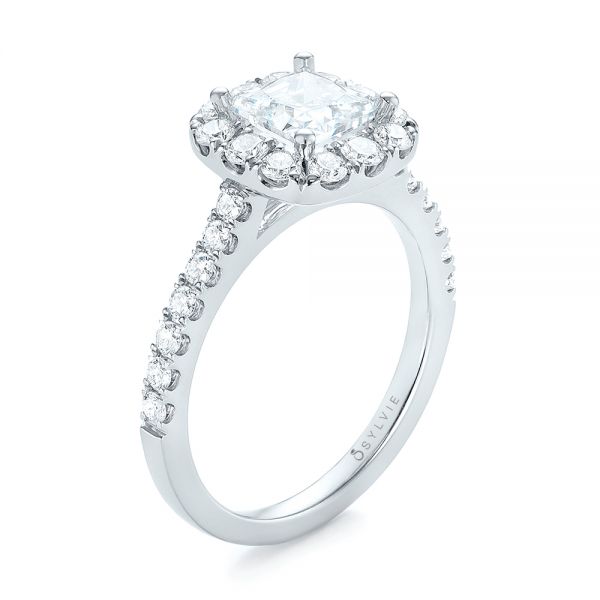 14k White Gold Princess Diamond Halo Engagement Ring - Three-Quarter View -  103996
