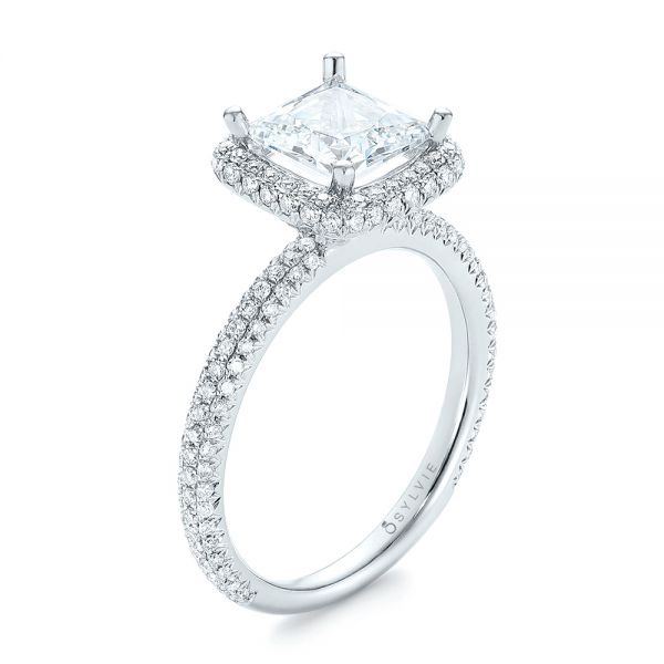 18k White Gold Princess Diamond Halo Engagement Ring - Three-Quarter View -  103998