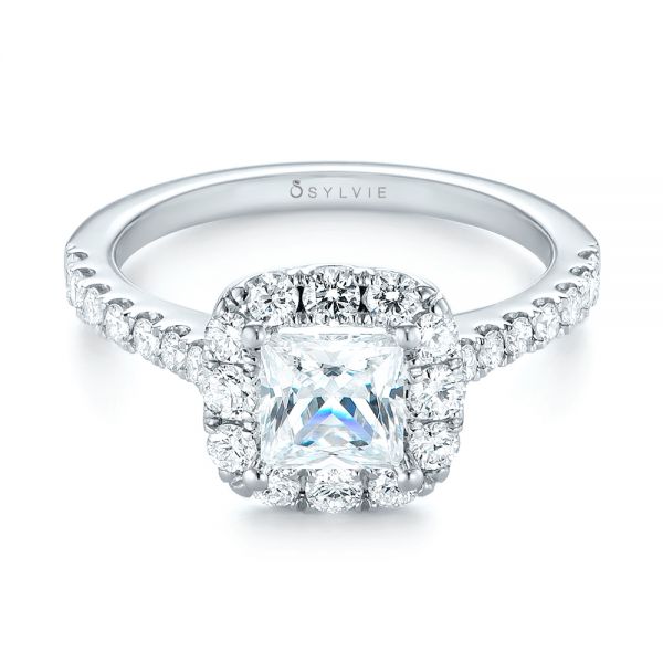 14k White Gold Princess Diamond Halo Engagement Ring - Flat View -  103996