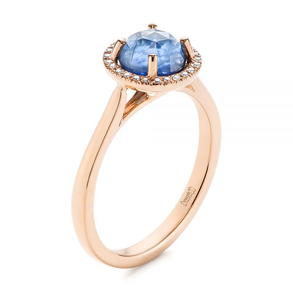 14k Rose Gold 14k Rose Gold Rose Cut Blue Sapphire And Diamond Halo Engagement Ring - Three-Quarter View -  105859