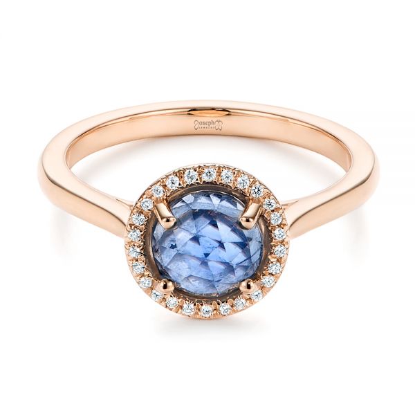 14k Rose Gold 14k Rose Gold Rose Cut Blue Sapphire And Diamond Halo Engagement Ring - Flat View - 105859
