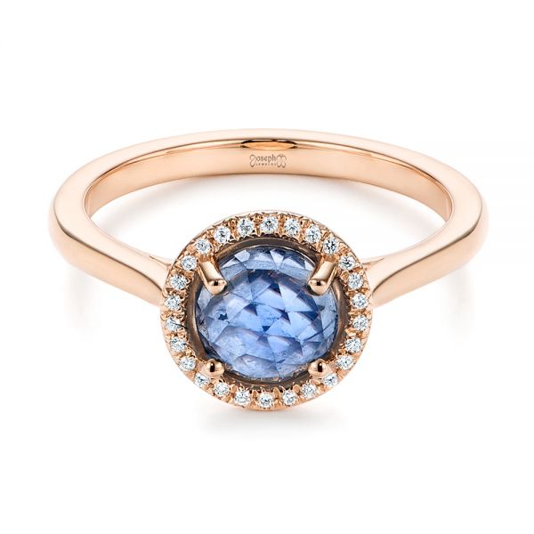 18k Rose Gold 18k Rose Gold Rose Cut Blue Sapphire And Diamond Halo Engagement Ring - Flat View -  105859