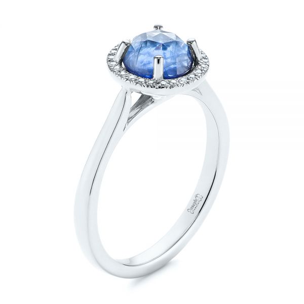 14k White Gold 14k White Gold Rose Cut Blue Sapphire And Diamond Halo Engagement Ring - Three-Quarter View -  105859