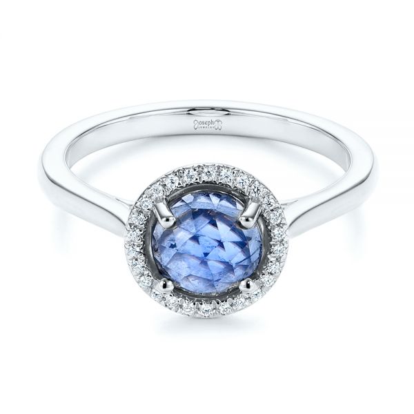 14k White Gold 14k White Gold Rose Cut Blue Sapphire And Diamond Halo Engagement Ring - Flat View -  105859