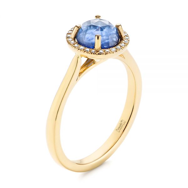 18k Yellow Gold 18k Yellow Gold Rose Cut Blue Sapphire And Diamond Halo Engagement Ring - Three-Quarter View -  105859