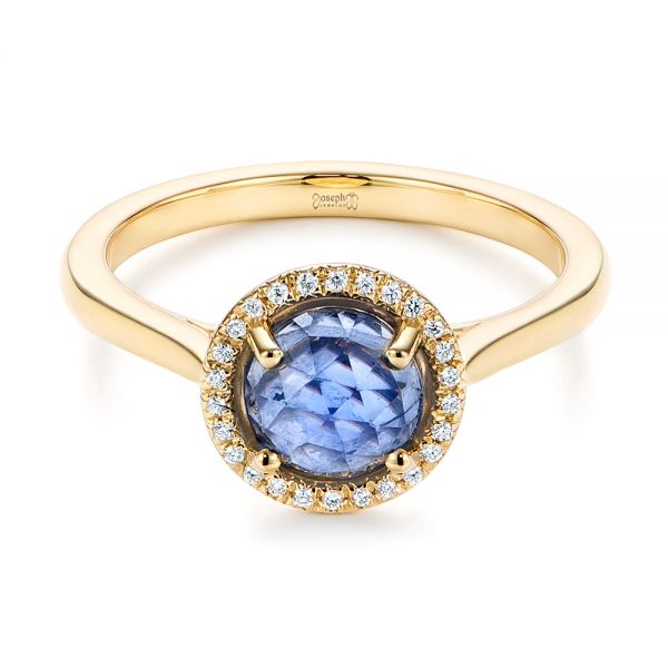 18k Yellow Gold 18k Yellow Gold Rose Cut Blue Sapphire And Diamond Halo Engagement Ring - Flat View -  105859