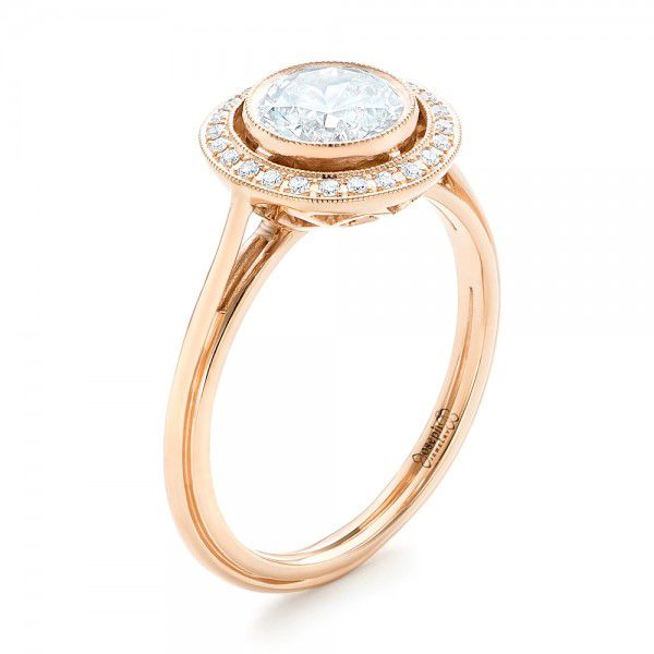 18k Rose Gold Diamond Halo Engagement Ring - Three-Quarter View -  102673