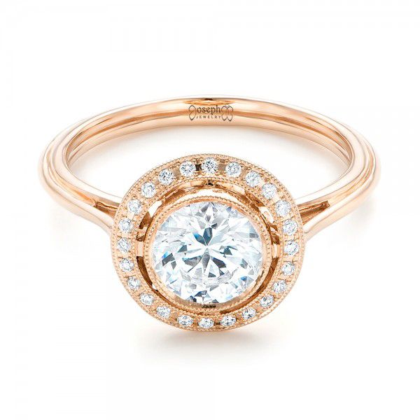 18k Rose Gold Diamond Halo Engagement Ring - Flat View -  102673