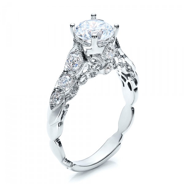  18K Gold Round Side Stone Diamond Engagement Ring - Vanna K - Three-Quarter View -  100059