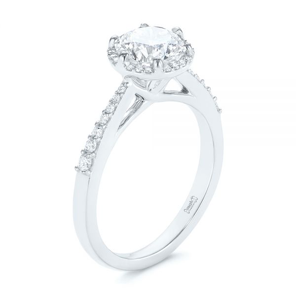 14k White Gold Six Prong Delicate Halo Diamond Engagement Ring - Three-Quarter View -  104868