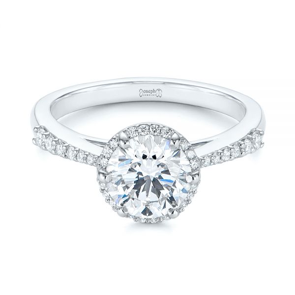 14k White Gold Six Prong Delicate Halo Diamond Engagement Ring - Flat View -  104868