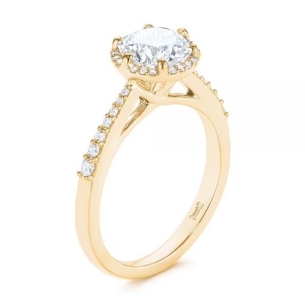 18k Yellow Gold 18k Yellow Gold Six Prong Delicate Halo Diamond Engagement Ring - Three-Quarter View -  104868