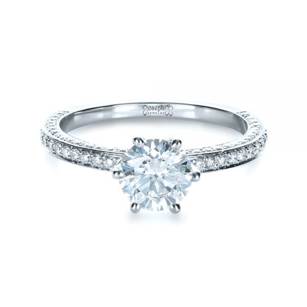 14k White Gold Six Prong Diamond Engagement Ring - Flat View -  1382