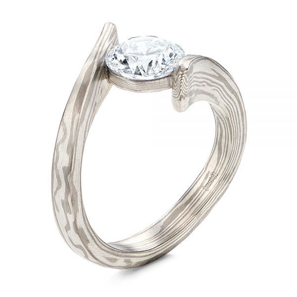 Solitaire Diamond Mokume Engagement Ring - Three-Quarter View -  106615