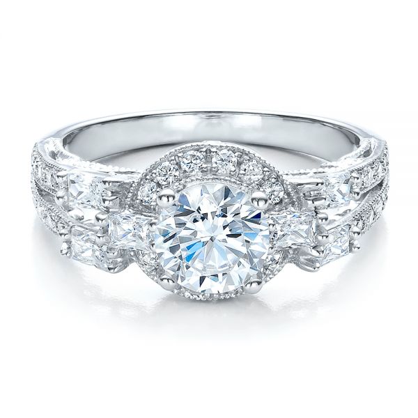 18k White Gold 18k White Gold Split Shank Baguette Diamond Engagement Ring - Vanna K - Flat View -  100071