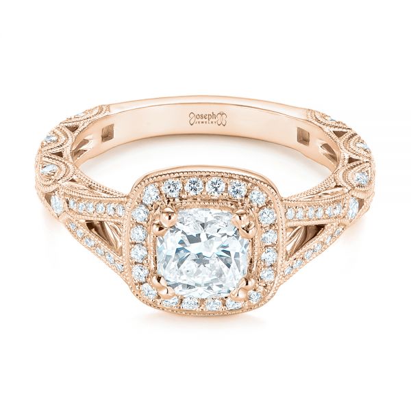 18k Rose Gold 18k Rose Gold Split Shank Diamond Halo Engagement Ring - Flat View -  104984