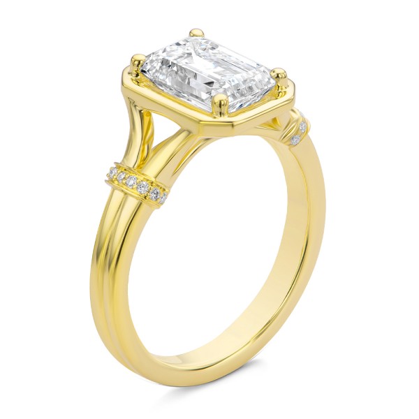 14k Yellow Gold Split Shank Emerald Cut Diamond Engagement Ring - Three-Quarter View -  108121
