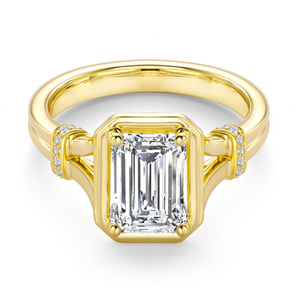 14k Yellow Gold Split Shank Emerald Cut Diamond Engagement Ring - Flat View -  108121 - Thumbnail
