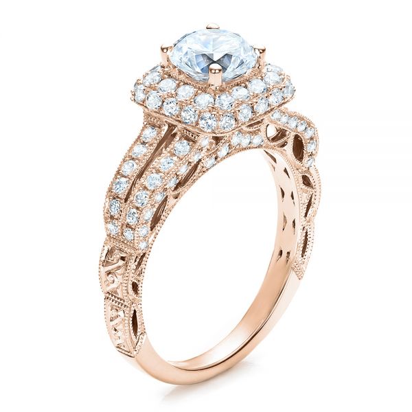 14k Rose Gold 14k Rose Gold Split Shank Halo Engagement Ring - Vanna K - Three-Quarter View -  100074