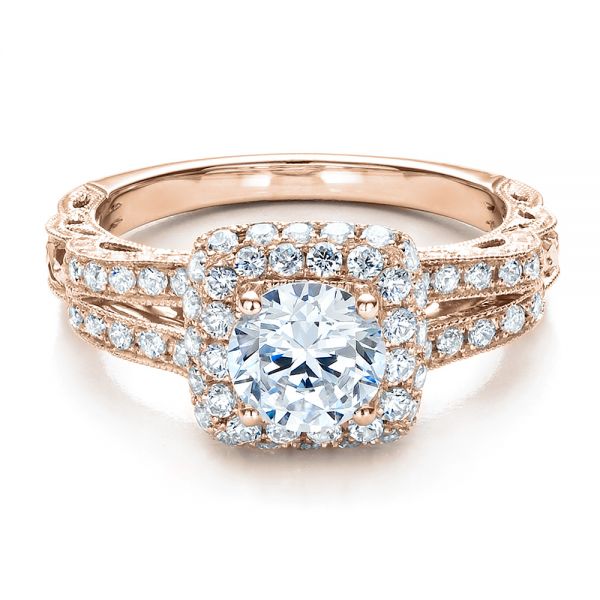 14k Rose Gold 14k Rose Gold Split Shank Halo Engagement Ring - Vanna K - Flat View -  100074