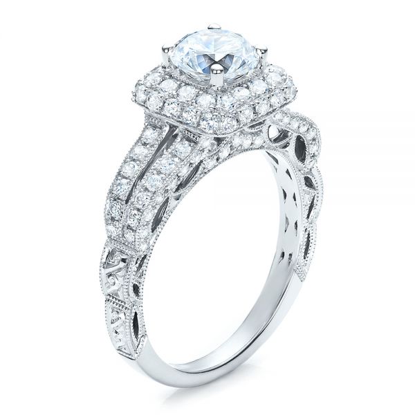 18k White Gold Split Shank Halo Engagement Ring - Vanna K - Three-Quarter View - 100074