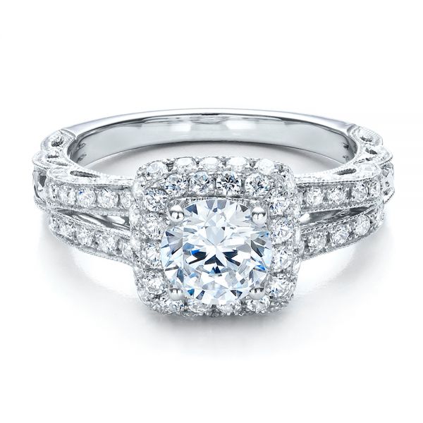 18k White Gold Split Shank Halo Engagement Ring - Vanna K - Flat View - 100074
