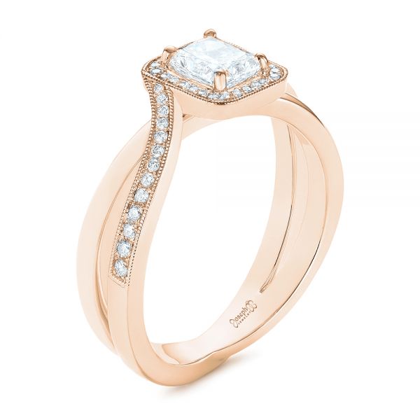 18k Rose Gold 18k Rose Gold Split Shank Radiant Diamond Halo Engagement Ring - Three-Quarter View - 104859