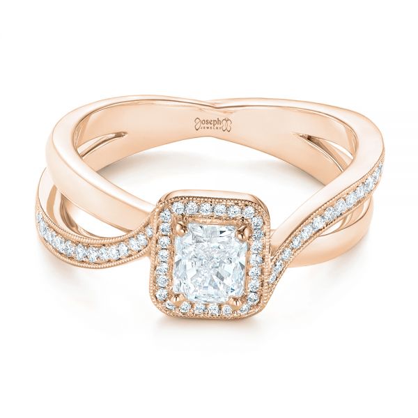 18k Rose Gold 18k Rose Gold Split Shank Radiant Diamond Halo Engagement Ring - Flat View -  104859