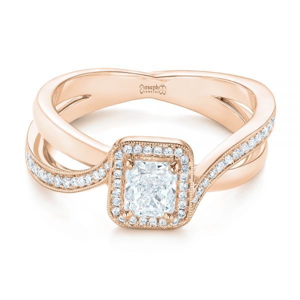 18k Rose Gold 18k Rose Gold Split Shank Radiant Diamond Halo Engagement Ring - Flat View - 104859