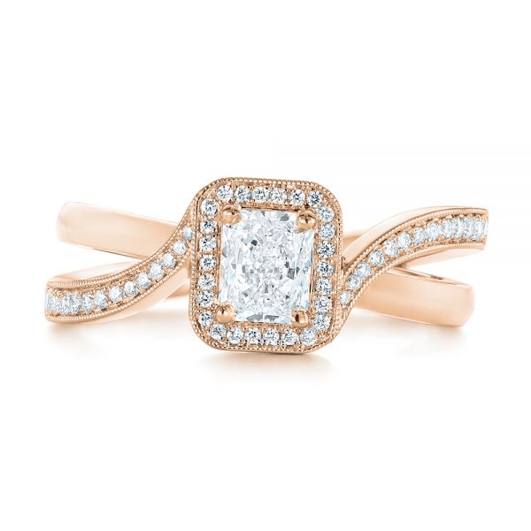 18k Rose Gold 18k Rose Gold Split Shank Radiant Diamond Halo Engagement Ring - Top View - 104859