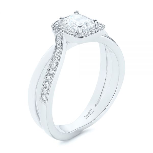 14k White Gold Split Shank Radiant Diamond Halo Engagement Ring - Three-Quarter View -  104859