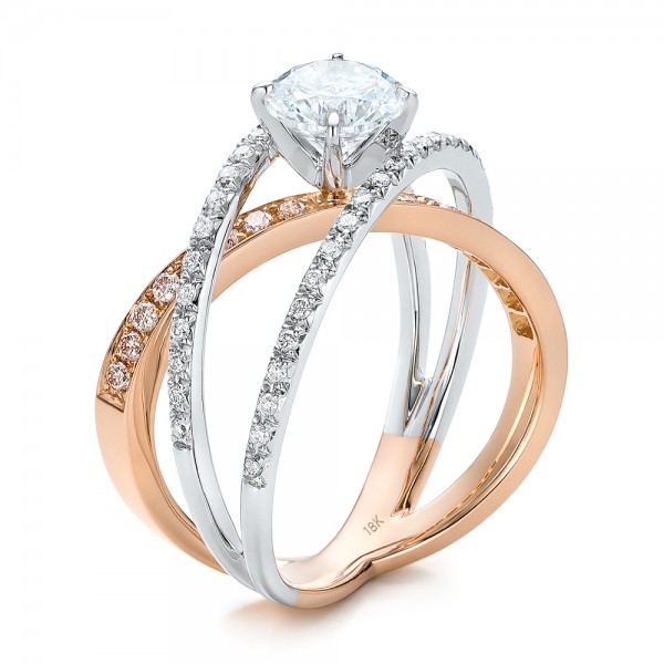  18K Gold Three-band Pink And White Diamond Engagement Ring - Three-Quarter View -  101954