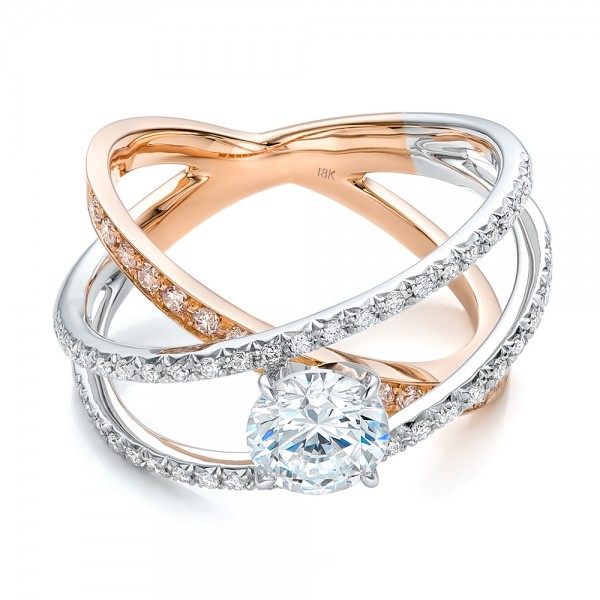 18K Gold Three-band Pink And White Diamond Engagement Ring - Flat View - 101954