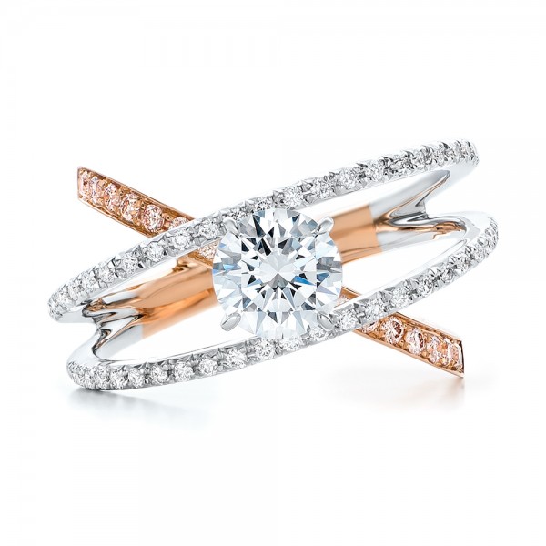18K Gold Three-band Pink And White Diamond Engagement Ring - Top View - 101954