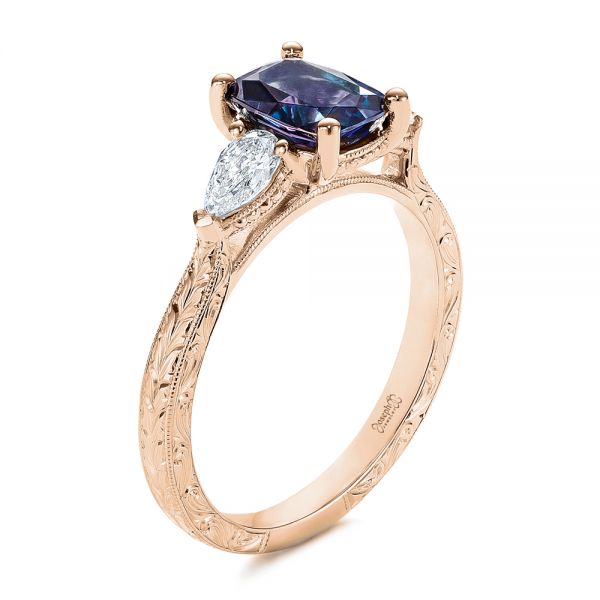 14k Rose Gold 14k Rose Gold Three Stone Alexandrite And Pear Diamond Engagement Ring - Three-Quarter View - 105844