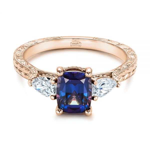 14k Rose Gold 14k Rose Gold Three Stone Alexandrite And Pear Diamond Engagement Ring - Flat View - 105844