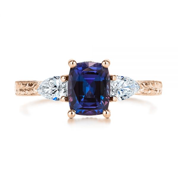 14k Rose Gold 14k Rose Gold Three Stone Alexandrite And Pear Diamond Engagement Ring - Top View - 105844