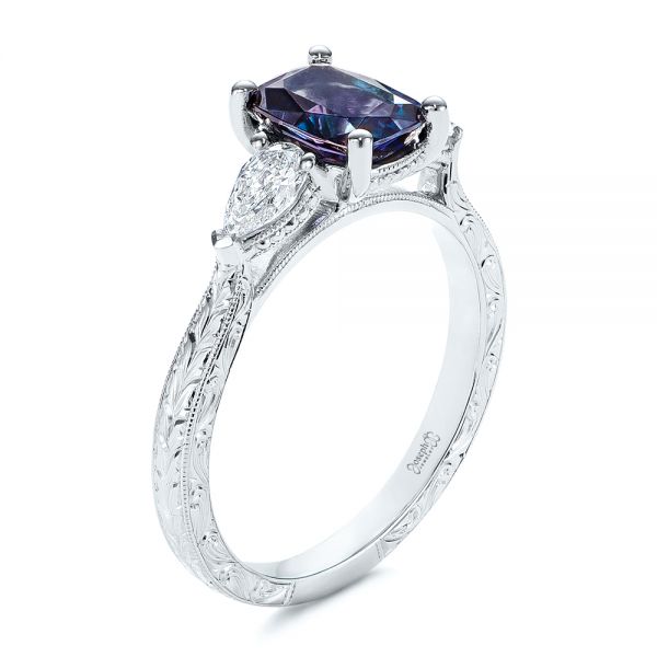 18k White Gold 18k White Gold Three Stone Alexandrite And Pear Diamond Engagement Ring - Three-Quarter View -  105844