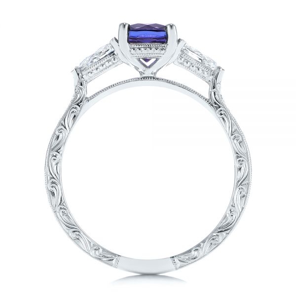14k White Gold 14k White Gold Three Stone Alexandrite And Pear Diamond Engagement Ring - Front View -  105844