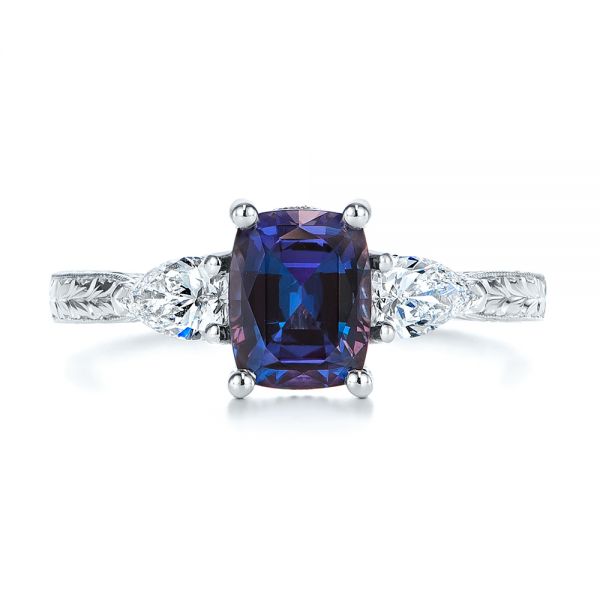 14k White Gold 14k White Gold Three Stone Alexandrite And Pear Diamond Engagement Ring - Top View -  105844