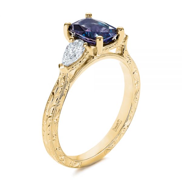 14k Yellow Gold 14k Yellow Gold Three Stone Alexandrite And Pear Diamond Engagement Ring - Three-Quarter View - 105844