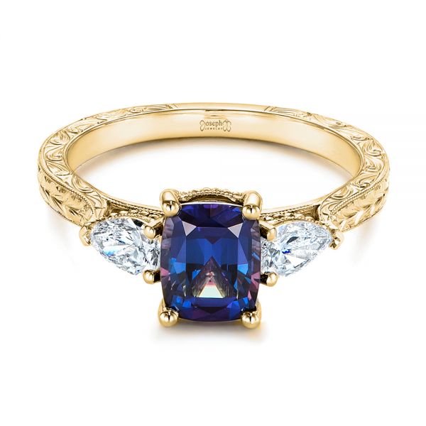 14k Yellow Gold 14k Yellow Gold Three Stone Alexandrite And Pear Diamond Engagement Ring - Flat View - 105844
