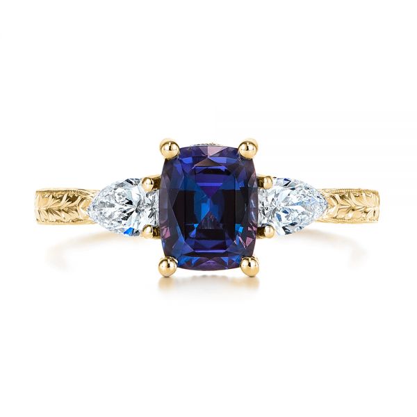 18k Yellow Gold 18k Yellow Gold Three Stone Alexandrite And Pear Diamond Engagement Ring - Top View -  105844