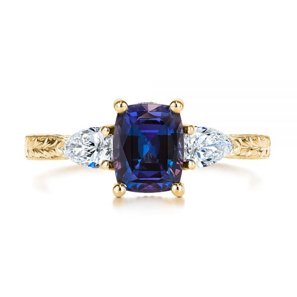 14k Yellow Gold 14k Yellow Gold Three Stone Alexandrite And Pear Diamond Engagement Ring - Top View - 105844