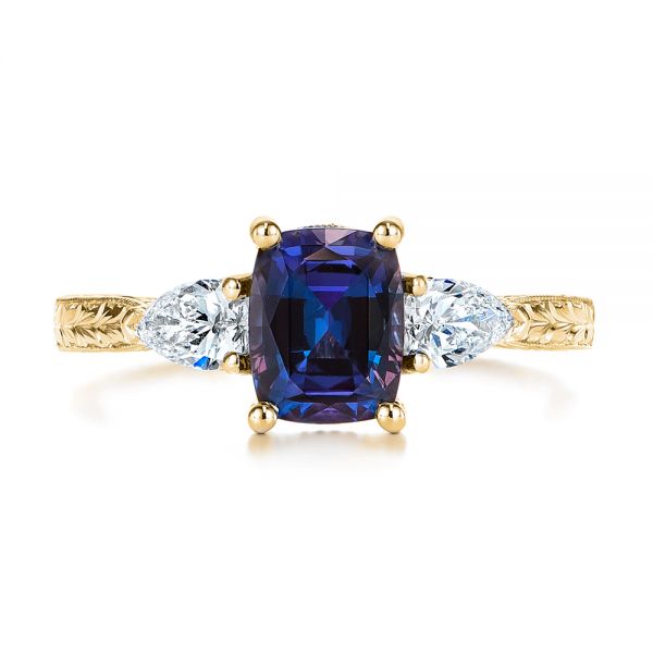 18k Yellow Gold Three Stone Alexandrite And Pear Diamond Engagement ...