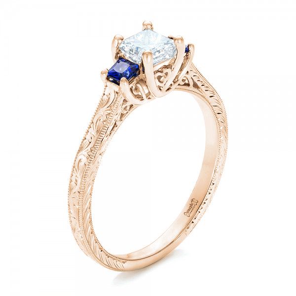 14k Rose Gold 14k Rose Gold Three Stone Blue Sapphire And Diamond Engagement Ring - Three-Quarter View -  102020