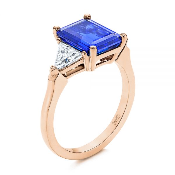 14k Rose Gold 14k Rose Gold Three Stone Blue Sapphire And Diamond Engagement Ring - Three-Quarter View -  106643