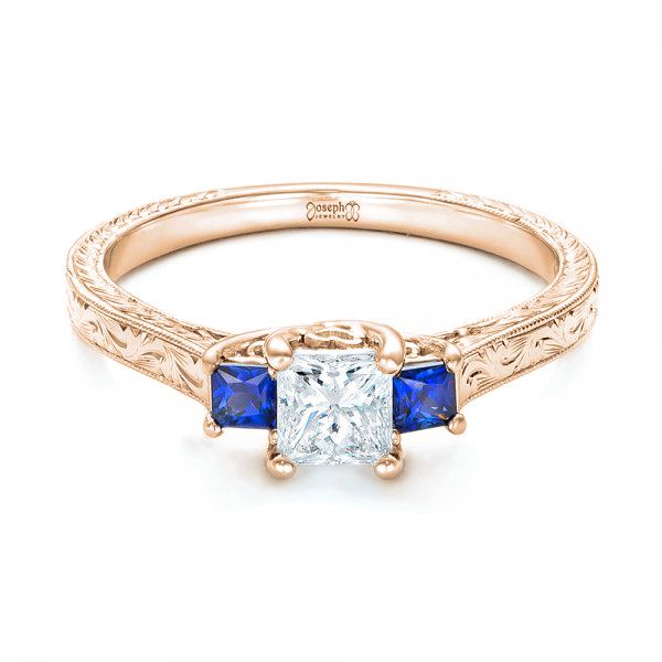 14k Rose Gold 14k Rose Gold Three Stone Blue Sapphire And Diamond Engagement Ring - Flat View -  102020