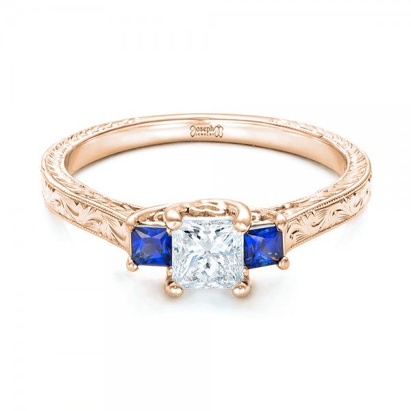 18k Rose Gold 18k Rose Gold Three Stone Blue Sapphire And Diamond Engagement Ring - Flat View - 102020